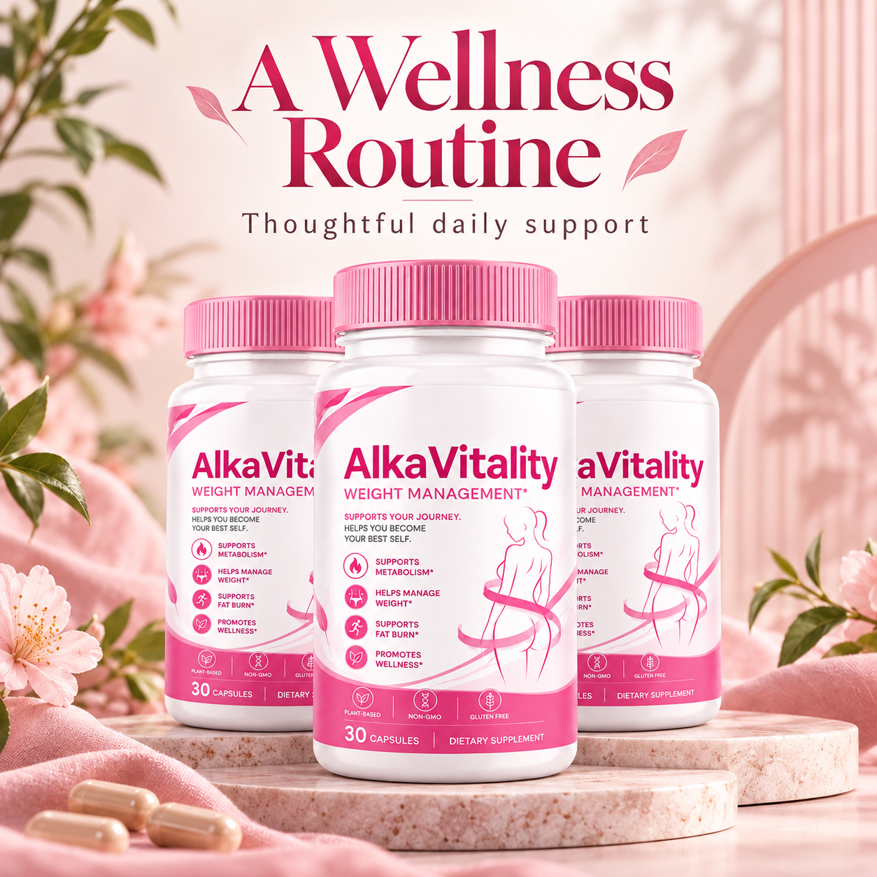 AlkaVitality weight management supplement — three bottles of 30 plant-based capsules